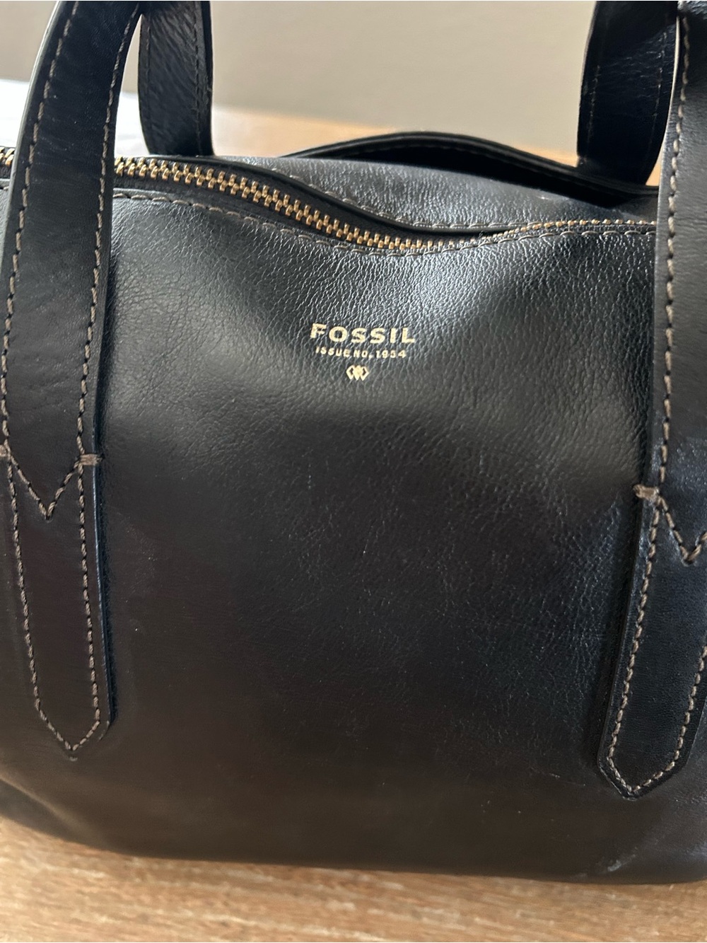 Fossil Black Leather Dome Satchel with Gold Hardware